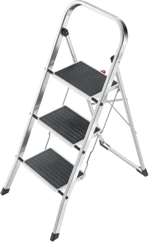 Hailo K60 StandardLine | Escalón plegable de aluminio | Tres escalones grandes con alfombrillas antideslizantes | Mecanismo de seguridad plegable |