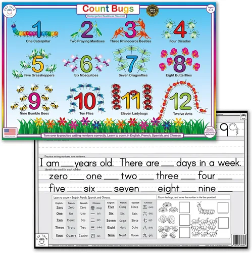 Tot Talk Count Bugs Learn and Write Numbers 1-10 - Mantel individual educativo para niños, de doble cara, impermeable, lavable, fabricado en Estados