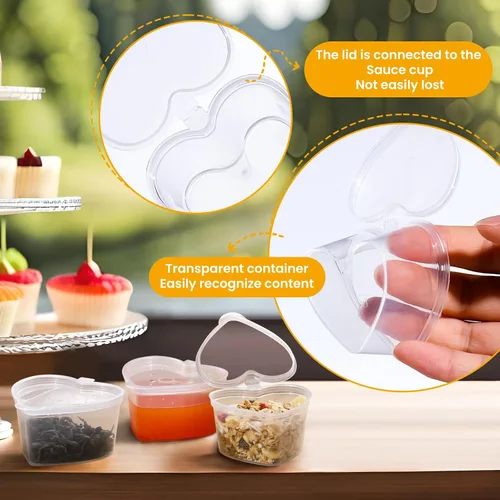 Miniatura 5 de 50 tazas de salsa desechables con tapas, vasos de plástico en forma de corazón de gelatina de 1.5 onzas, recipientes transparentes para aderezo