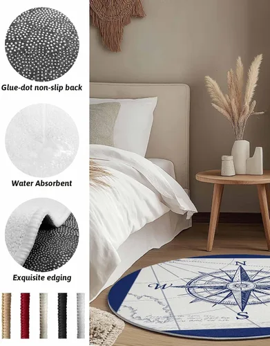 Miniatura 6 de Alfombra redonda de brújula náutica de 6 pies, lavable para dormitorio, cocina, baño, sala de estar, comedor, lavandería, área+alfombra, alfombra