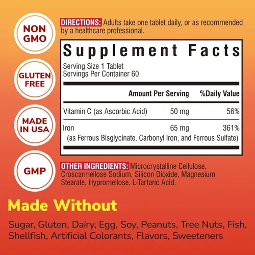 Miniatura 5 de Suplemento de hierro, 3 en 1 de 65 mg de complejo de hierro ferroso, sulfato, hierro carbonilo con vitamina C natural, píldoras de hierro amigables