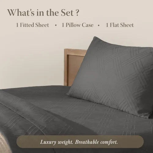 Miniatura 4 de Threadmill Sábanas para Cama Individual – 800 Número de Hilos Jacquard Celine Gris Oscuro, 100% Algodón Natural Juego de Cama de 3 Piezas a Rayas
