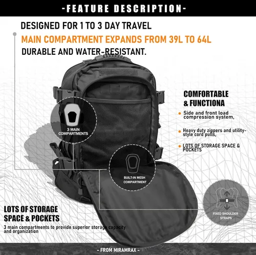 Miniatura 7 de Miramrax - Mochila táctica militar del ejército - Paquete de asalto para hombres, mochilas Molle, bolsa de evacuación, paquete de 3 días para Negro