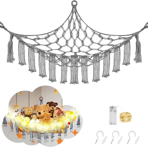 Miniatura 21 de CERETIA Hamaca de animales de peluche con luz LED, red grande de almacenamiento en esquina de animales de peluche para decoración de habitación