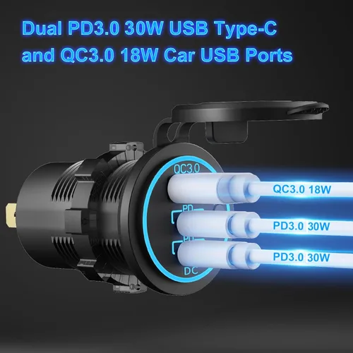 Miniatura 2 de Toma USB de 12V Cable Cargador USB Multipuerto, Dual PD3.0 USB-C y Carga Rápida 3.0 Puerto de Coche con Interruptor de Encendido, Carga Rápida