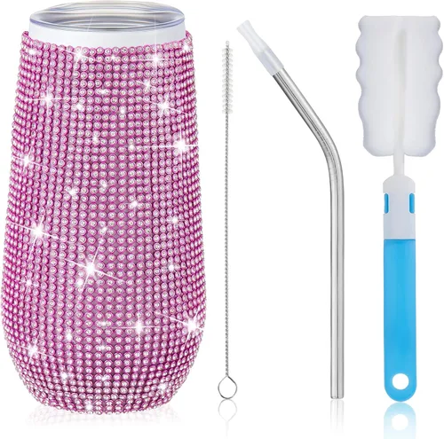 Miniatura 11 de Tessco Vasos Tumbler con Pedrería Brillante con Pajita Botella de Agua con Purpurina Tumbler de Pajita de Acero Inoxidable Vaso Aislado con Pedrería