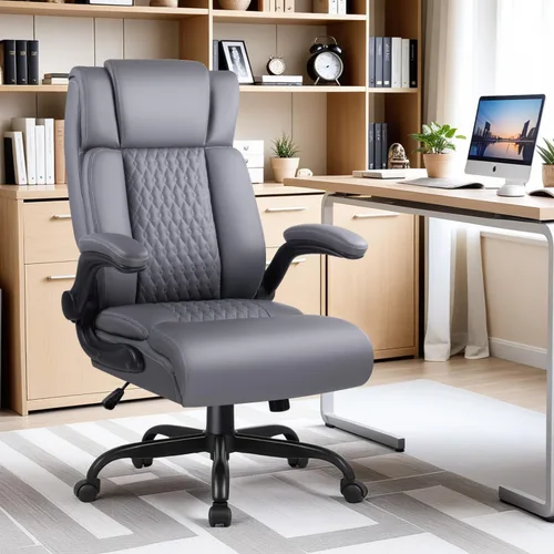 Miniatura 9 de Silla de Oficina Grande y Alta, Silla Ergonómica de Cuero para Escritorio de Computadora de Oficina, Silla de Oficina Resistente Negra con Negro