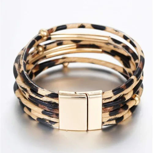 Miniatura 3 de Fesciory Pulsera de leopardo para mujer, pulsera de cuero bohemio multicapa con perlas de cristal