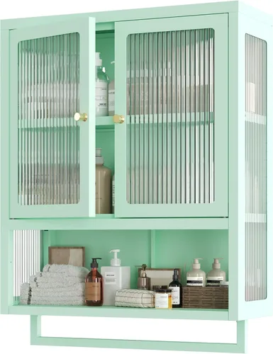 Miniatura 12 de Armario de pared de baño con 2 puertas de vidrio, botiquín de baño con barra de toallas y estantes, gabinete de almacenamiento sobre el inodoro