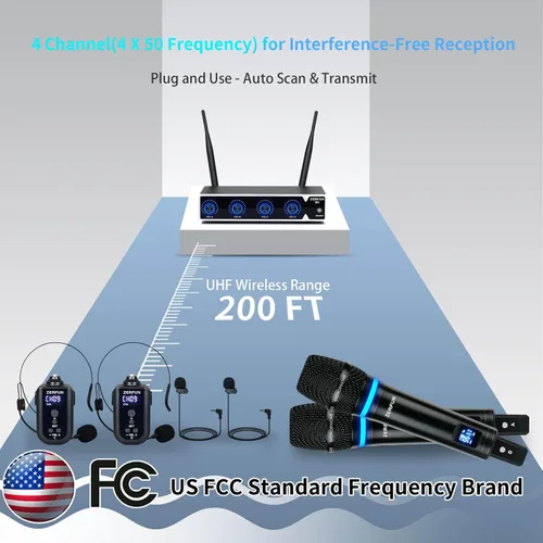 Miniatura 8 de Sistema de Micrófono Inalámbrico Recargable de 4 Canales, Micrófono de Mano de Metal UHF Profesional con Auriculares y Micrófono de Solapa Lavalier