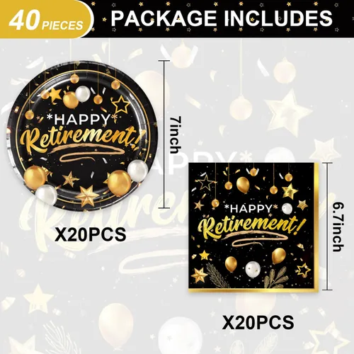 Miniatura 2 de 40 piezas de suministros para fiestas de jubilación, incluyen 20 platos negros y dorados, 20 servilletas, utilizados para decoración de fiesta