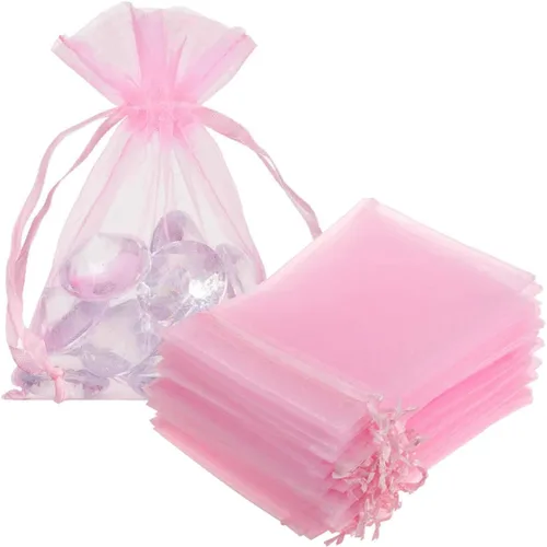 Juego de 50 bolsas de regalo de organza con cordón de 4 x 6 pulgadas rosa para baby shower, cumpleaños de niña, recuerdos de fiesta, boda, despedida