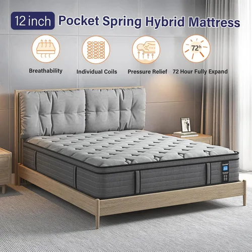 Miniatura 8 de Colchón firme King híbrido de 12 pulgadas con soporte lumbar extra para aliviar el dolor de espalda, sueño fresco, soporte de bordes, resorte firme