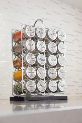 Miniatura 8 de Orii Estante de 20 tarros para especias de acero inoxidable con especias incluidas - Soporte de estante de pie y organizador de torre de estante