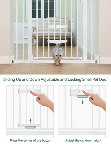 Miniatura 3 de Babelio Puerta de bebé con puerta para gatos ajustable, puerta de metal para mascotas de 29 a 40 pulgadas para escaleras y puertas, montada a Blanco