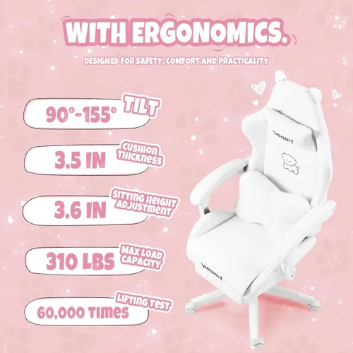 Miniatura 6 de Vigosit Silla de juegos para perros blancos con reposapiés, ergonómica y bonita silla de jugador para niñas y mujeres, cómoda silla de computadora