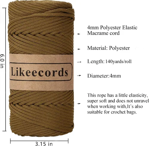 Miniatura 2 de Likeecords - Cuerda de macramé de poliéster trenzado de 4 mm, 140 yardas / 426 pies, suministros de macramé para manualidades DIY, hilo elástico