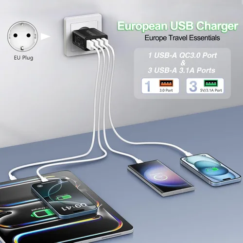 Miniatura 2 de Cargador USB europeo, adaptador de enchufe de viaje europeo 40 W 4 puertos Europa cargador USB carga rápida 3.0 UE enchufe adaptador para iPhone 17