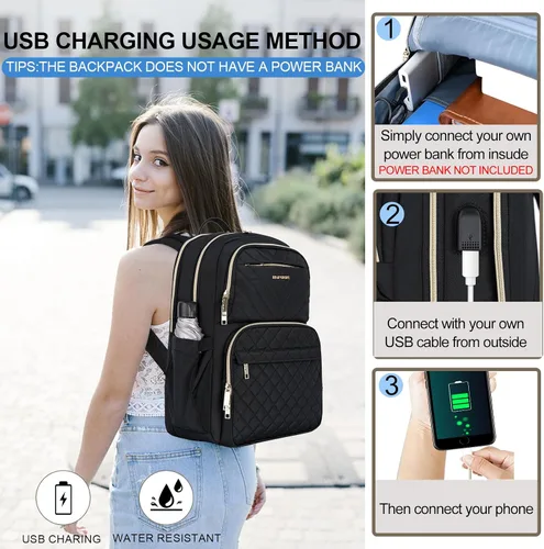 Miniatura 5 de EMPSIGN Mochila Bolso para Laptop para Mujeres y Hombres con Puerto de Carga USB, Mochila de Viaje Resistente al Agua Acolchada de 15.6 Pulgadas