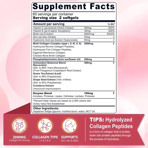 Miniatura 2 de Paquete de 2 píldoras de péptidos de colágeno liposomal para mujeres, 2000 mg, colágeno hidrolizado múltiple tipo I, II, III, V, X con 2500 mcg