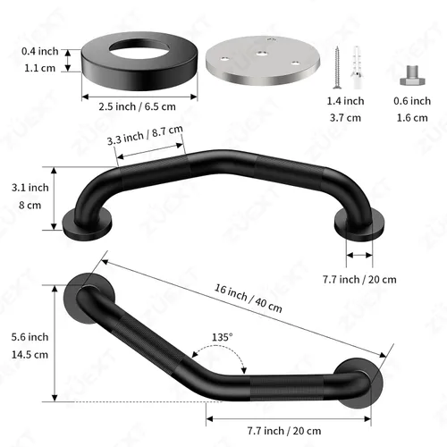 Miniatura 2 de ZUEXT - Barra de agarre en ángulo de 16 pulgadas, paquete de 2 manijas antideslizantes negras para ducha, barra de equilibrio de baño moleteada