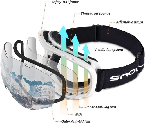 Miniatura 4 de Gafas de esquí para esquí, snowboard, motos de nieve para hombres, mujeres y adultos, antivaho 100% protección UV A2-marco blanco brillante/lente