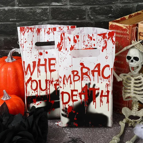 Miniatura 3 de Whaline 60 bolsas de regalo de plástico para fiesta de Halloween, con diseño de fantasma sangriento, bolsas de regalo de palabras aterradoras