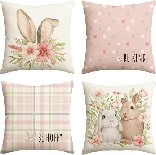 Miniatura 11 de AVOIN colorlife Juego de 4 fundas de cojín de Pascua con diseño de búfalo y flor de conejo de Pascua Be Hoppy Bule, 18 x 18 pulgadas, diseño