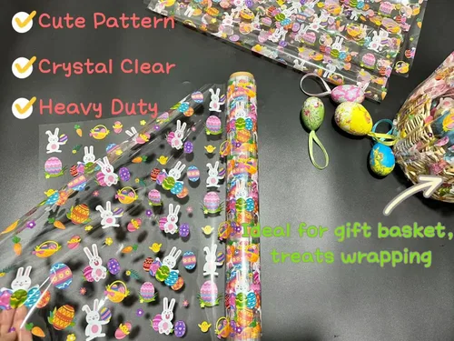 Miniatura 2 de shareluck Envoltura de celofán de Pascua de 100 pies, papel de regalo de violonchelo de Pascua para cestas de regalo, conejito de golosinas y huevos