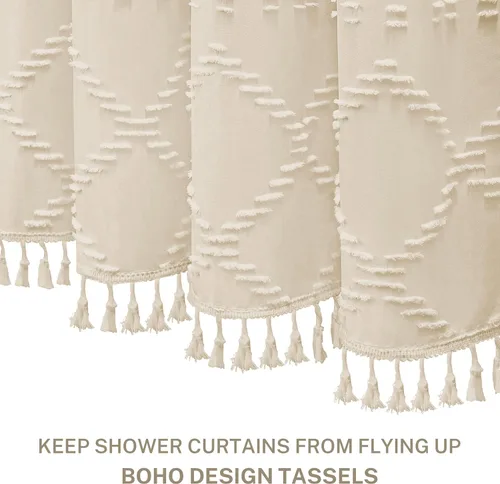 Miniatura 3 de Siiluminisoy Cortina de ducha extra larga de estilo bohemio, tela tejida, color crema/beige, 84 pulgadas, 72 x 84 pulgadas, diseño de cheurón