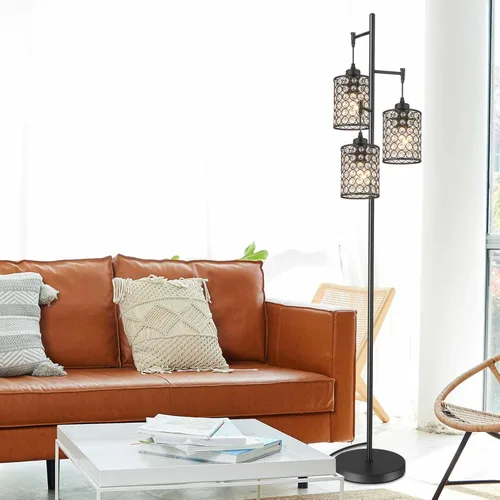 Miniatura 6 de YeLEEiNO - Lámparas de pie, moderna lámpara de pie de árbol de 3 luces para sala de estar, lámpara de pie de cristal con interruptor