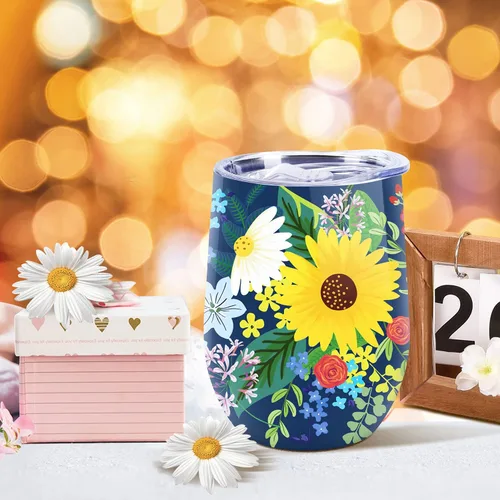 Miniatura 8 de NymphFable Vaso de vino de flores de 12 onzas con popote y tapa, vaso de vino de acero inoxidable, taza de viaje aislada de doble pared