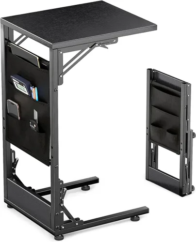 Mesa auxiliar plegable en forma de C, pequeña mesa auxiliar plegable con bolsa de almacenamiento, bandeja de TV portátil para sofá, cama, color negro