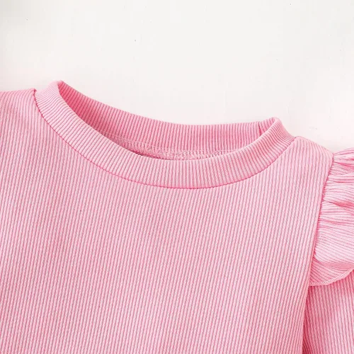 Miniatura 3 de OPAWO Camisetas de manga larga y corta con volantes para niña, blusa acanalada para niña, ropa para bebé, paquete de 2 unidades de 1 a 6 años