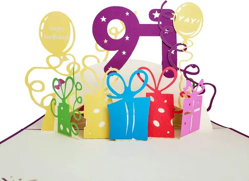 Miniatura 2 de iGifts And Cards Tarjeta emergente 3D de cumpleaños 91 – Regalos coloridos y celebración de hitos de globos – Saludo sincero para personas mayores