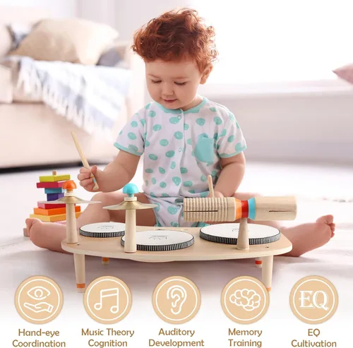 Miniatura 2 de Juego de batería para niños pequeños de 3 años en adelante, instrumentos musicales Montessori 8 en 1, juguetes musicales de madera para bebé