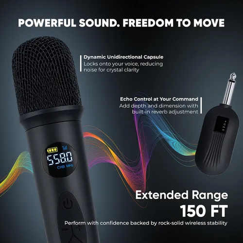 Miniatura 2 de Sistema de Micrófono Inalámbrico Bowens – Micrófono Inalámbrico para Karaoke con Receptor, Control de Eco, Pantalla LCD, Carga USB-C, Adaptador