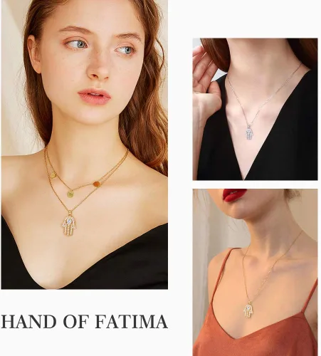 Miniatura 2 de Suplight Collar de plata de ley 925 con estrella judía de David, acero inoxidable, chapado en oro, mano islámica de corazón de Fátima, collares