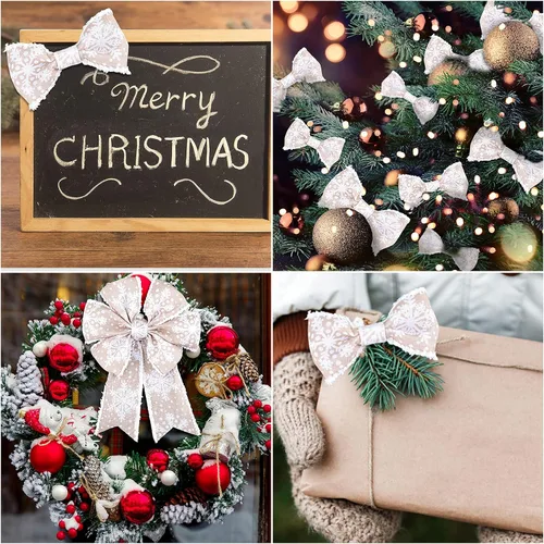 Miniatura 6 de Whaline Cinta de copo de nieve de Navidad con borde con alambre, cinta blanca de invierno de 2.5 pulgadas con rebabas, suave, rústica, natural