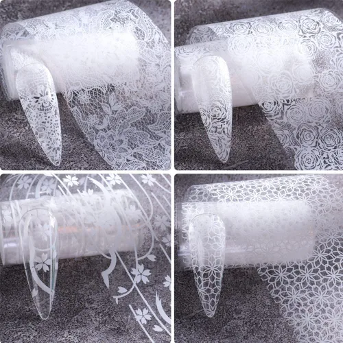 Miniatura 7 de Calcomanías de transferencia de papel de aluminio de encaje para decoración de uñas, calcomanías de transferencia de flores blancas y negras