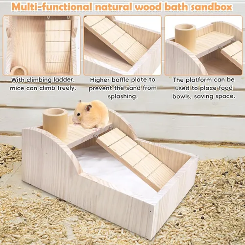 Miniatura 4 de PINVNBY Caja de baño de arena para hámster de madera con escalera de escalada, habitación de ducha, arena para excavar, contenedor de bañera