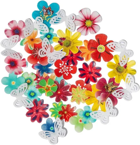 Flores comestibles, hojas comestibles y mariposas comestibles blancas, papel de oblea, decoración de cupcakes para decorar papel de arroz,