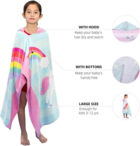 Miniatura 5 de BANGSAUR Toallas de playa para niños con capucha, algodón suave de 50 x 30 pulgadas, niñas y bebés de 3 a 12 años, toalla de baño, piscina