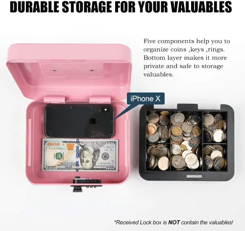 Miniatura 7 de KYODOLED Caja de dinero con cerradura con cerradura, caja de dinero con bandeja para efectivo, caja fuerte con cerradura con llave, organizador