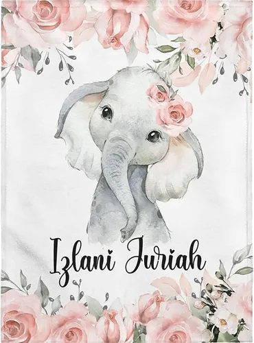 NAZENTI Manta de bebé personalizada para niña, manta de bebé personalizada con nombre, manta de nombre de bebé con elefante floral, manta
