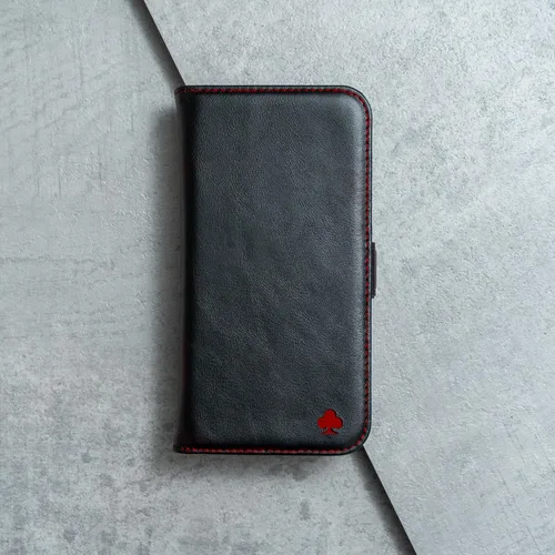 Miniatura 7 de Porter Riley - Funda de cuero para iPhone 13 (6.1 pulgadas). Funda de piel auténtica de primera calidad con ranuras para tarjetas, soporte Negro/Rojo