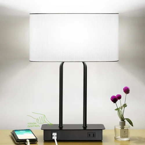 Miniatura 11 de Lámpara de mesa con control táctil y puertos de carga USB duales, 1 salida de CA, lámpara de mesita de noche moderna regulable de 3 vías con Crema