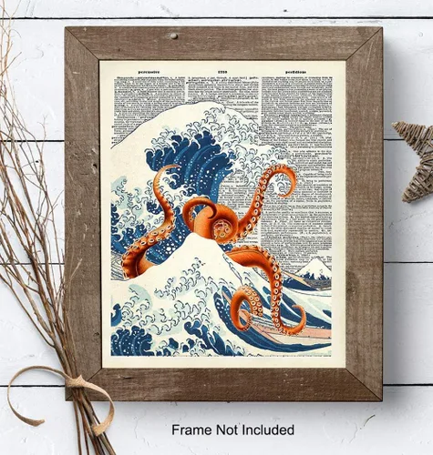 Miniatura 7 de Arte de Pared Decorativo Diccionario Pulpo Ola Kanagawa Japonés - Decoración Retro para el Hogar Reciclada de 8x10 pulgadas para Oficina