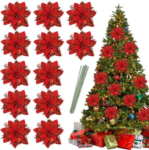 Vanleonet 12 flores de Pascua artificiales con purpurina, decoraciones de flores de Navidad, adornos de árbol de nochebuena con purpurina para