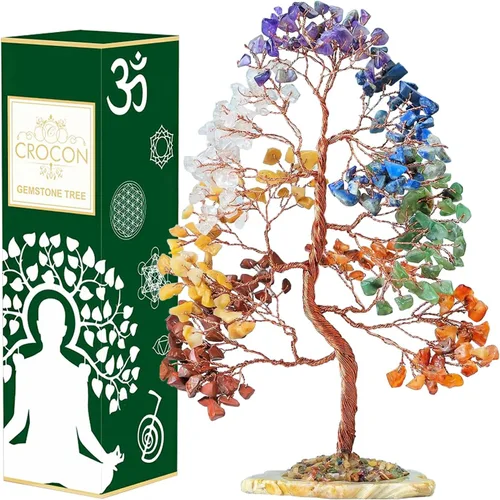 Crocon® Árbol de la vida de 7 chakras, sabiduría espiritual, base de rodajas de ágata, árbol de cristal hecho a mano para energía positiva,